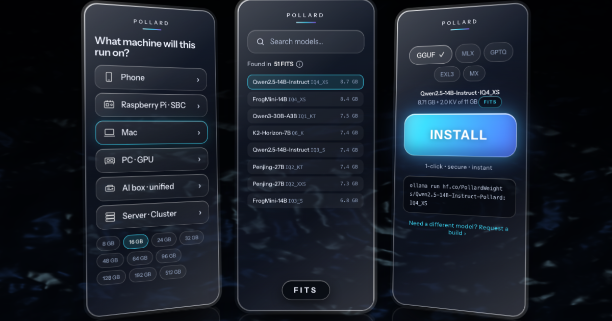 Pollard — Pick the machine, get the rung that fits, install. Free shelf of verified builds; paid…